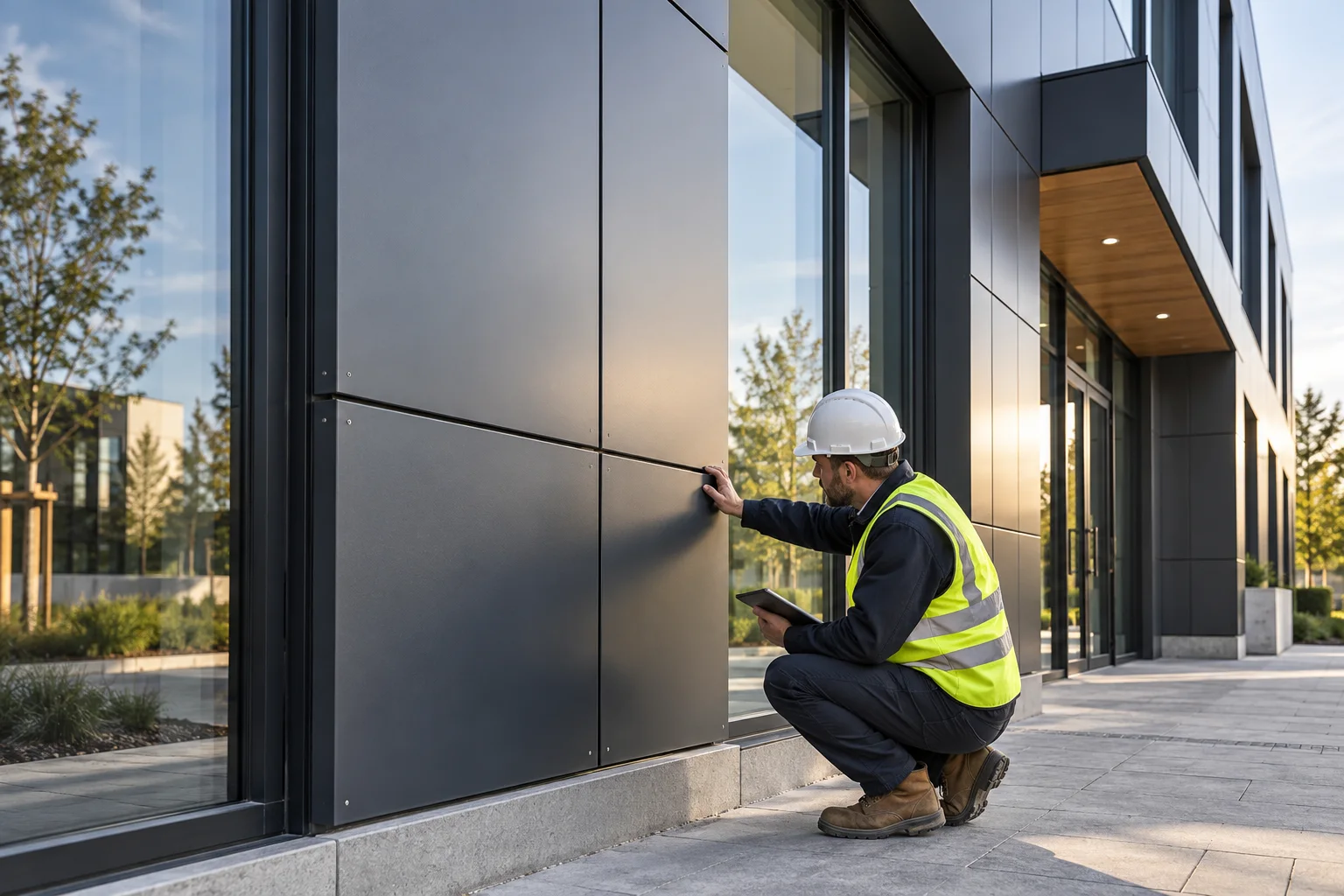 Specialist inspecting alignment and finish of façade cladding panels