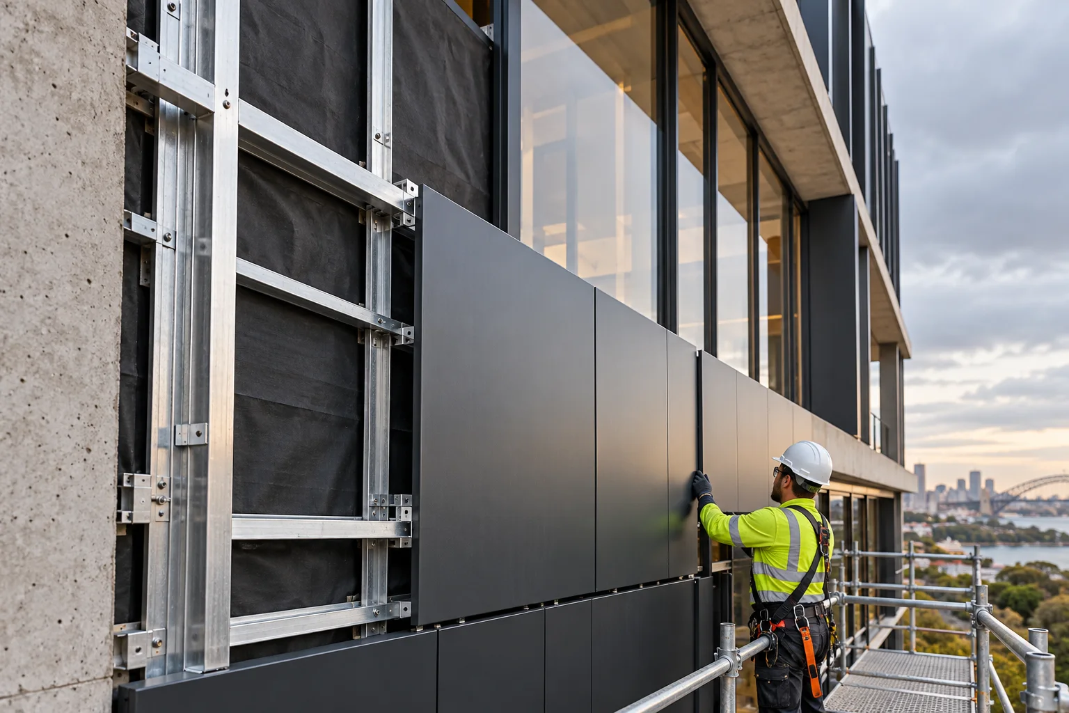 Specialist installing façade cladding on a Sydney building