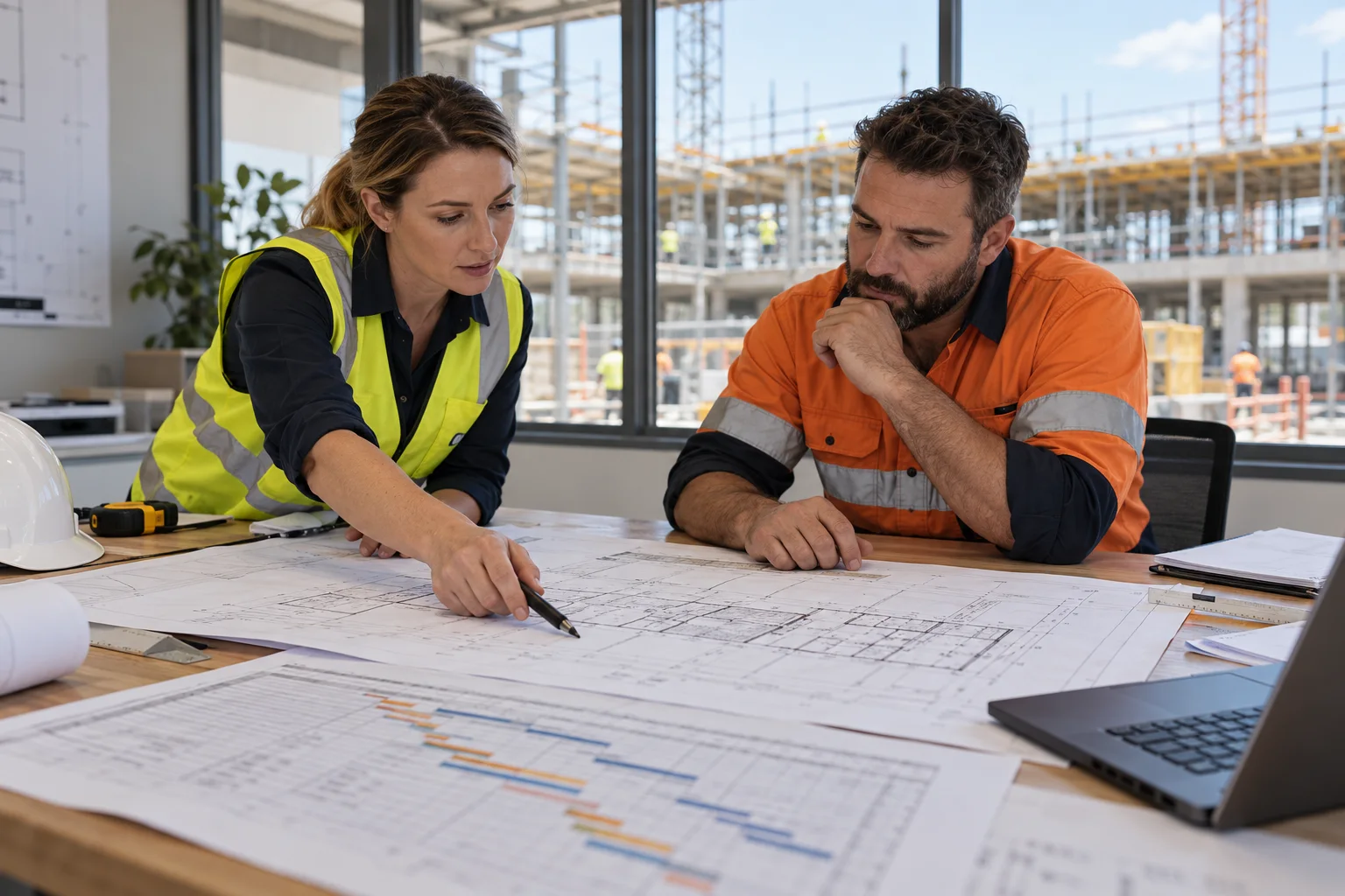 Construction managers reviewing project drawings