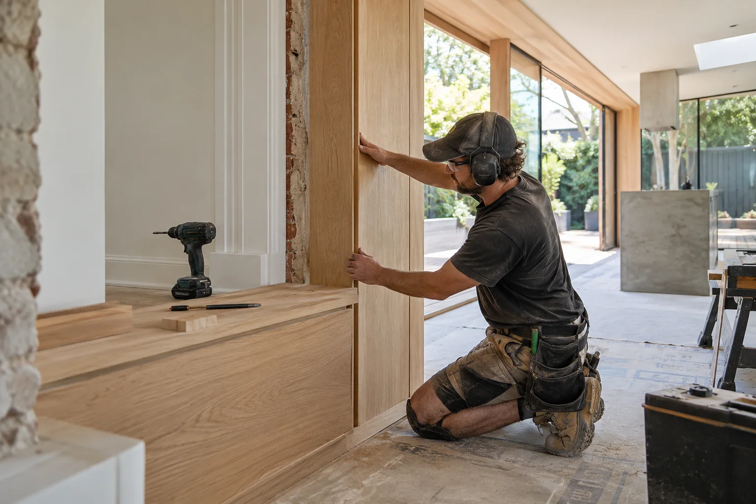 Craftsperson installing detailed timber joinery in a residential renovation