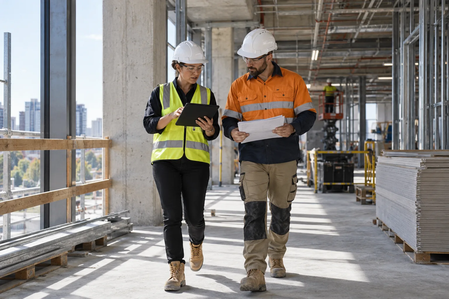 Construction managers coordinating work during an active site walk